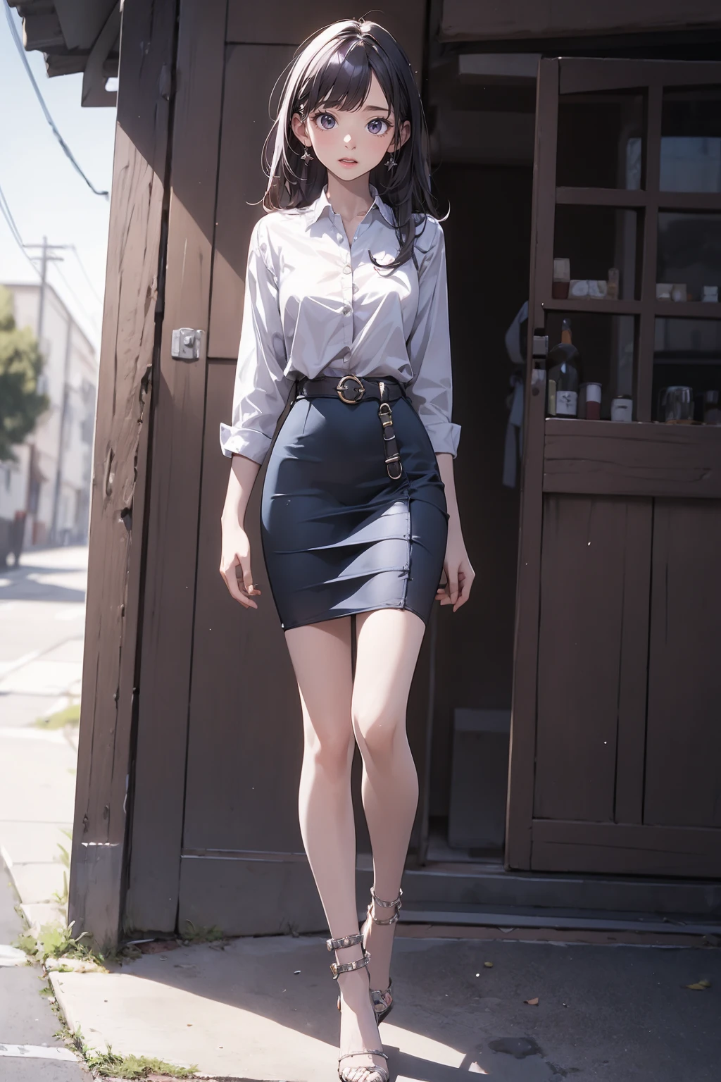 solo,1girl,outdoors,<lora:0360 Valentino strappy high heels_v1:1>,ruanyi0360,high heels,spikes,full body,pencil skirt,white shirt,standing,thigh gap,strappy heels,white panties,, best quality,masterpiece,highres,official art,extremely detailed cg unity 8k wallpaper
