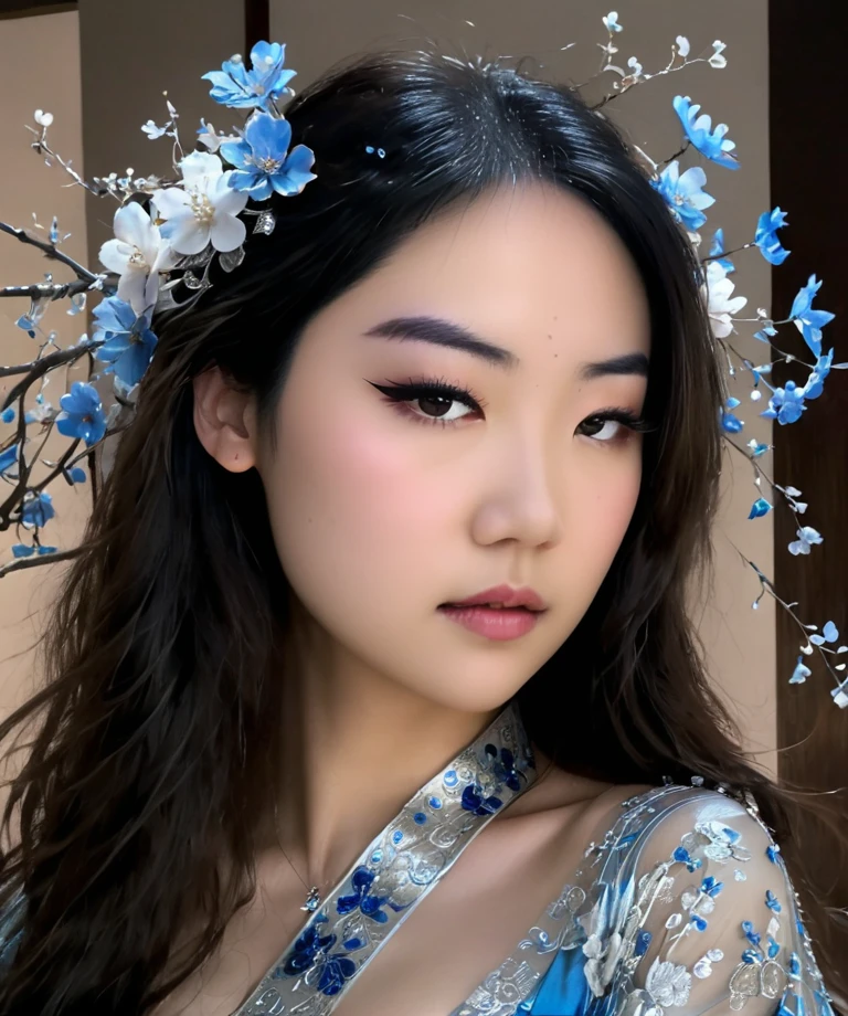 <lora:FanfanSDXL1.0-000005:1> Fanfan,
close-up,portrait,Line art,splatter,minimalist elegance,beautiful blue enchantress rose fairy,Tang Dynasty royal face ancient style beauty,high-definition fashion photography,high-end,ambiguous atmosphere,a woman with blue flowers on her face,in the style of anime art,luminous and dreamlike scenes,yanjun cheng,made of crystals,light white and silver,john pitre,cute and dreamy,in the style of chinapunk,romantic scenery,animated gifs,photo-realistic hyperbole,dark white and dark beige,heistcore,strip painting,Bright background,detailed depiction,Delicate face and costume details,lifelike appearance HD 16K,cinematic lighting,chiaroscuro,Arbitrary view,Medium Shot,hyperrealism,Hollywoodtyle,photography,HD Details,Detail Expression,Rich Details,