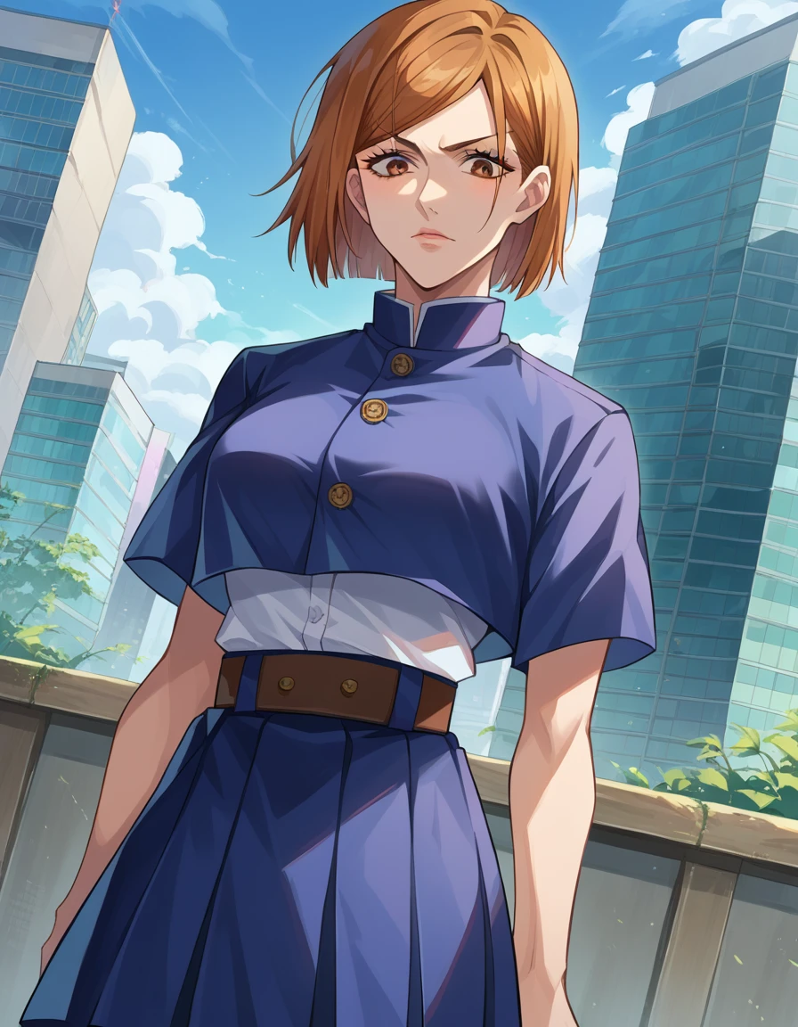 score_9, score_8_up, score_7_up, source_anime,
nobarakugisaki, <lora:nobara-kugisaki-ponyxl-lora-nochekaiser:1>,
nobara kugisaki, bob cut, brown eyes, brown hair, lips, short hair,
belt, brown belt, brown pantyhose, crop top, crop top overhang, jujutsu tech uniform, pantyhose, pleated skirt, shirt tucked in, skirt, blue skirt, blue crop top,
outdoors, cityscape,
looking at viewer, cowboy shot, dutch angle,
