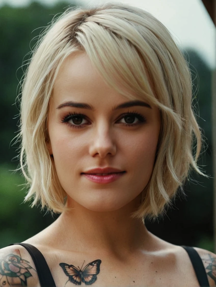 a beautiful picture of alizeeXL, <lora:alizeeXL:1> detailed skin texture,masterpiece, photorealistic, woman, 4k, light, RAW color photo,(fully in frame:1.1), (goosebumps:0.5),blonde, detailed face,wearing a dress,outdoors,subtle smile,tattoo,short hair