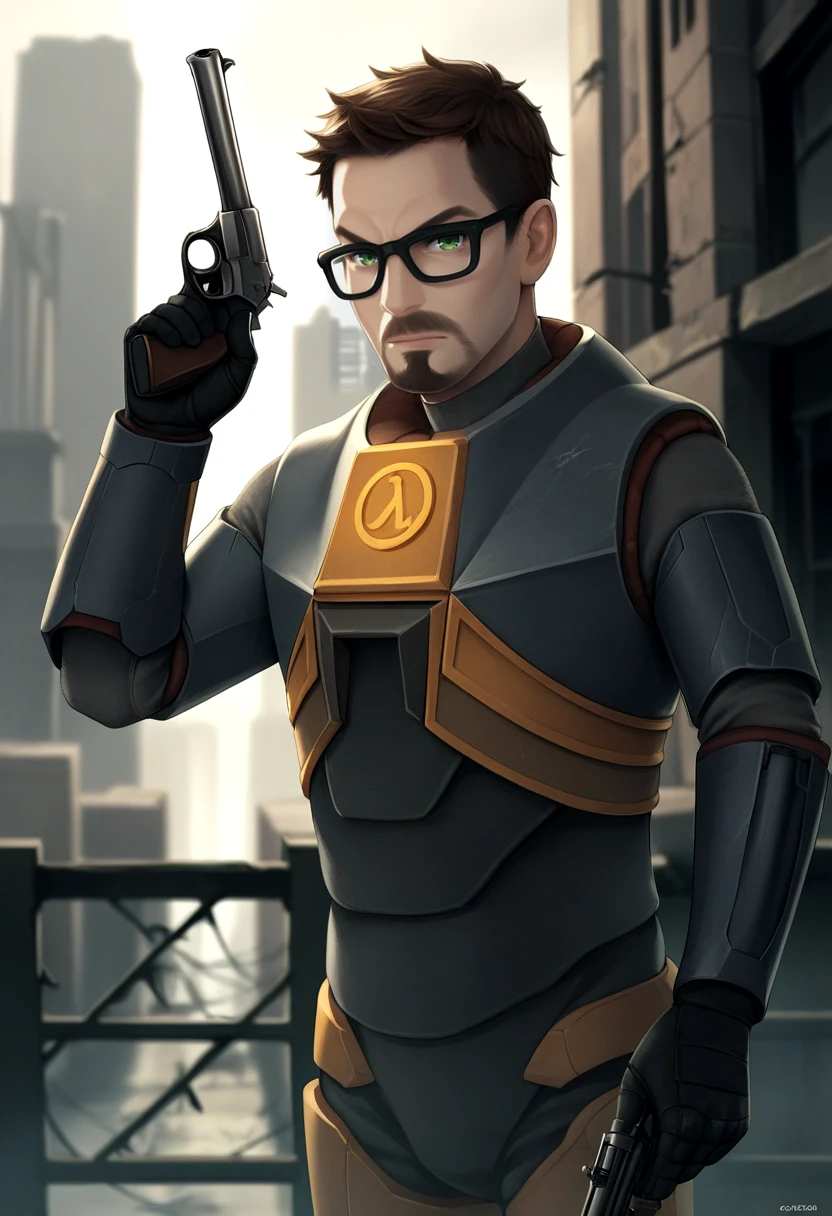 score_9, score_8_up, score_7_up, source_anime BREAK 1boy, solo, male focus, <lora:gordonfreeman-hl-richy-v1_pdxl:1> gordonfreeman, brown hair, short hair, facial hair, green eyes, glasses, power armor, standing, from side, looking at viewer, post-apocalypse, ruins, city, handgun, gun, aiming, revolver