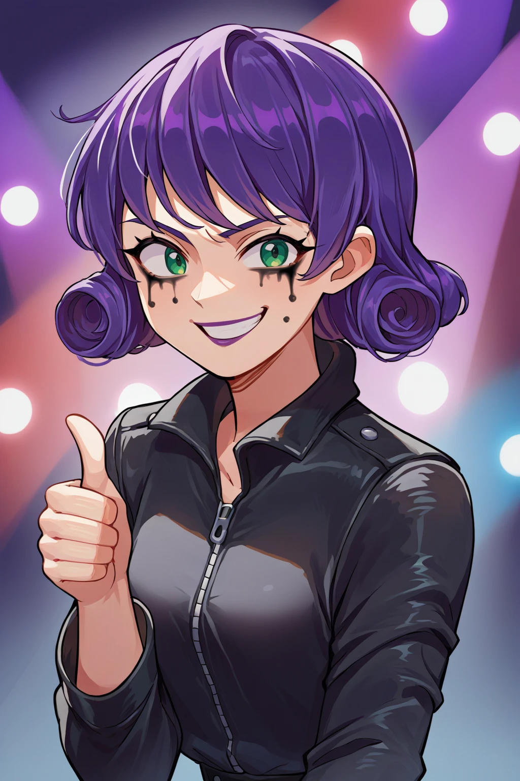 source_anime, score_9, score_8_up, 1girl <lora:NSPennyStardew:1> NSPennyStardew, curly hair, green eyes, short hair, purple hair, black leather jacket, heavy mascara, purple lipstick, concert, vivid colors, grin, thumbs-up, solo