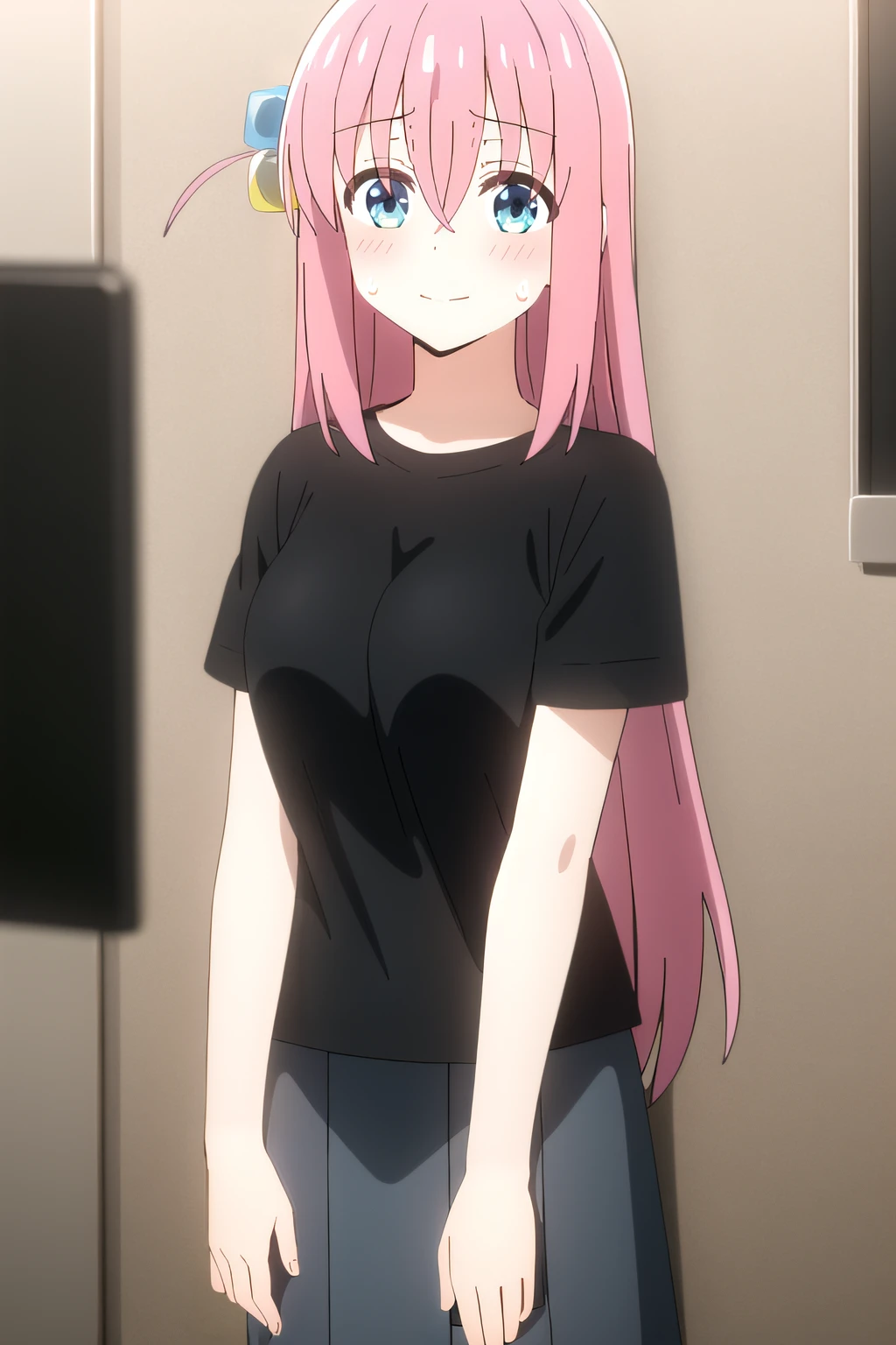 (masterpiece:1.2), best quality, high resolution, unity 8k wallpaper, (illustration), extremely detailed face, perfect lighting, extremely detailed CG, 1girl, solo, <lora:Bocchi:0.8>, hitori, blue eyes, pink hair, looking at viewer, blush, cube hair ornament, large breasts, closed mouth, sweatdrops, indoor, black shirt, grey skirt, cowboy shot, embarrased, barearms, [perfect hands, detailed hands, five fingers.1.3], trembling, pleated skirt, standing, smile, arms at sides