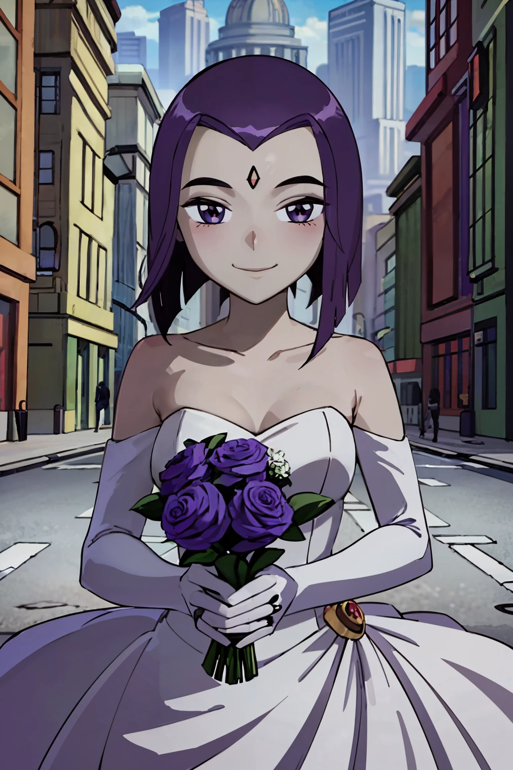 ((masterpiece,best quality)), absurdres,   <lora:Raven_DC:0.8>,  raven (dc), purple eyes,  grey skin, forehead jewel,    bride, wedding dress, bridal veil, strapless dress, elbow gloves,  holding bouquet,  smile,  solo, looking at viewer, blush,