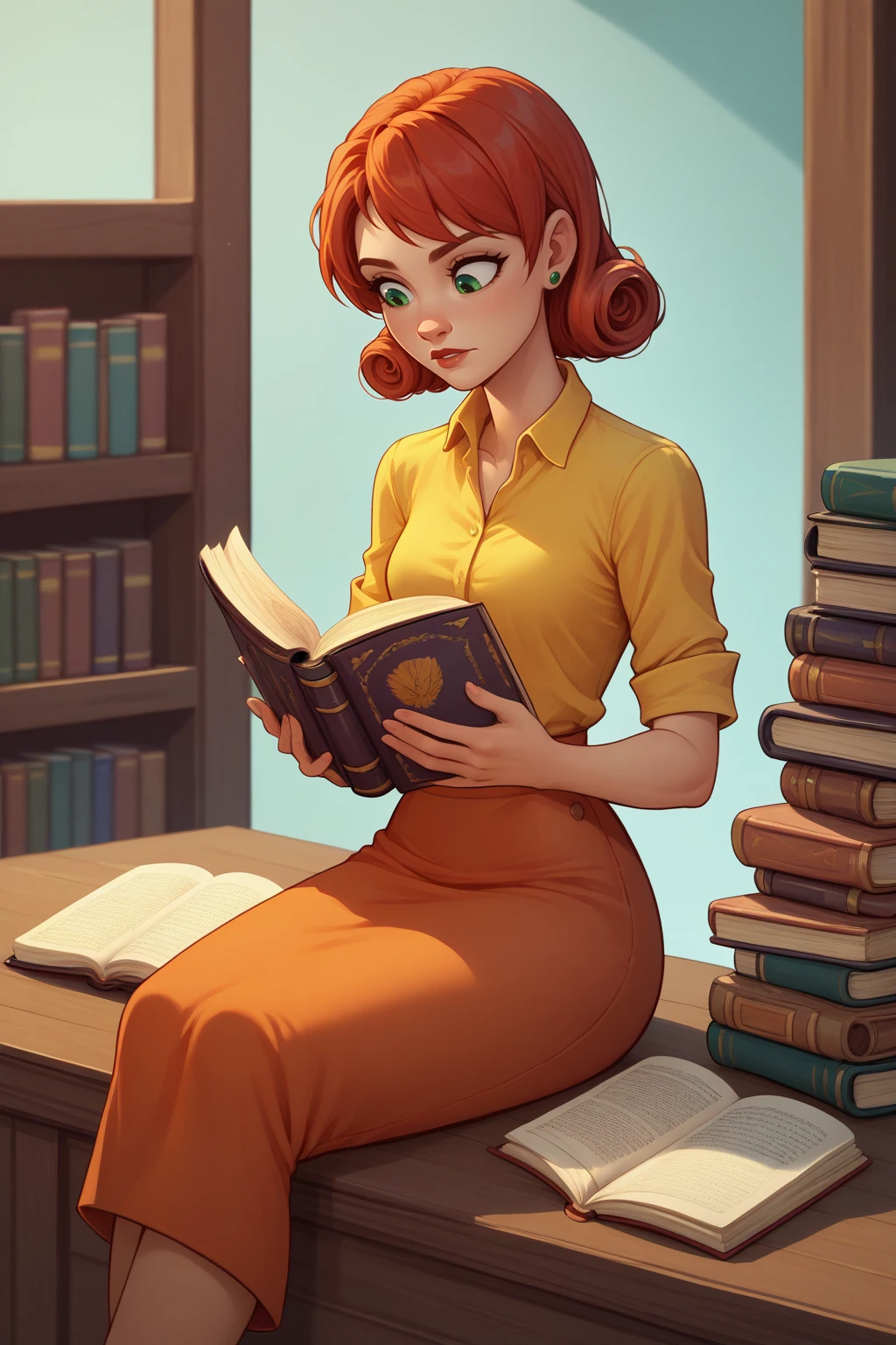 score_9, score_8_up, 1girl  <lora:NSPennyStardew:1> NSPennyStardew, green eyes, short hair, red hair, earrings, curly hair, yellow collared shirt, orange skirt, sitting, reading, book, Disney, western_comics_(style)