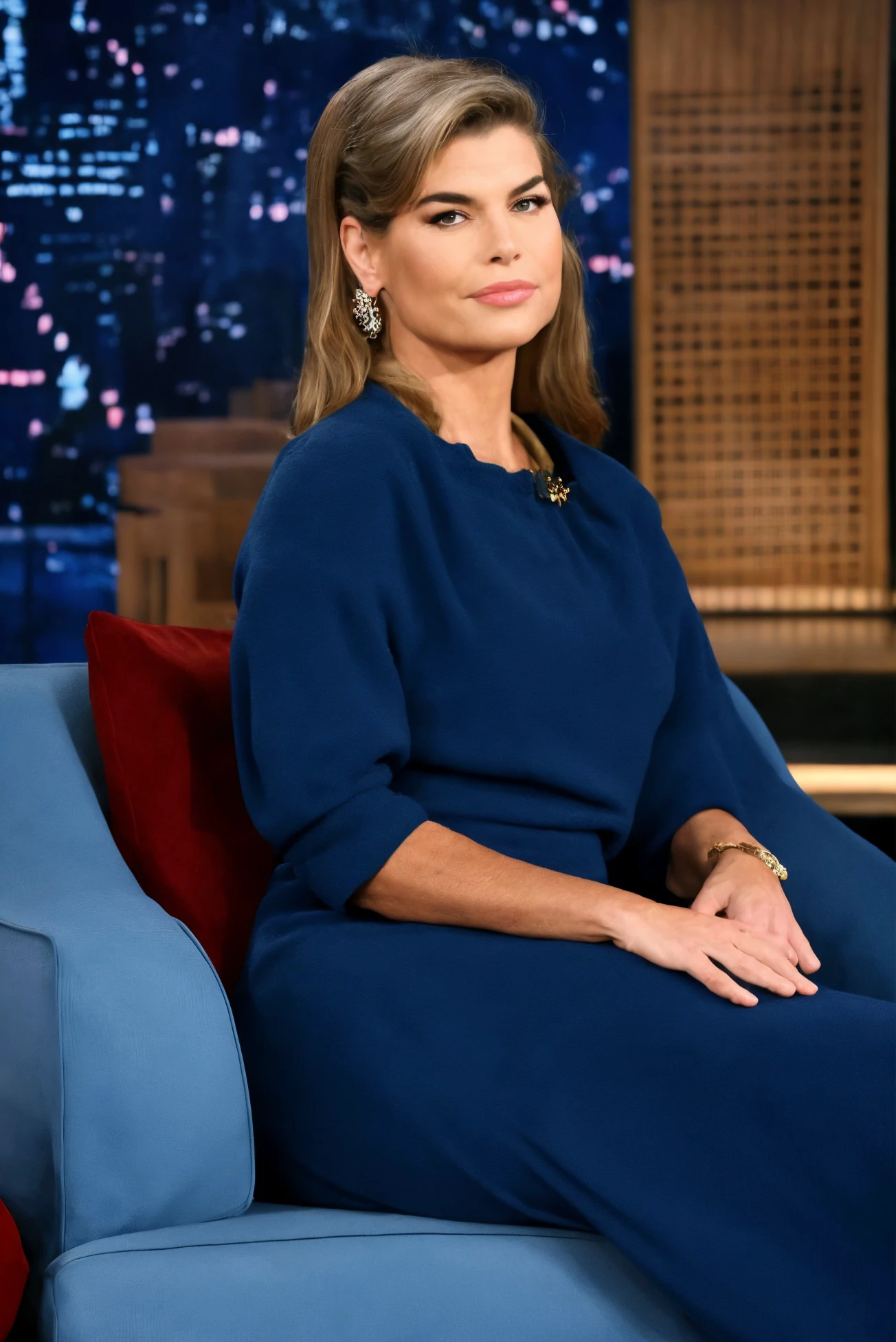 woman  20 years young closeup, European,  longNavy blue dress,
 ([Kathy( :0)Ireland|kenzie reeves|amy( :0)winehouse]:0.9),
talkshow style, sitting, <lora:dynamic_shot_26_talkshow:0.60>
highres, high quality, high resolution, hd, 4k, masterpiece, realistic,