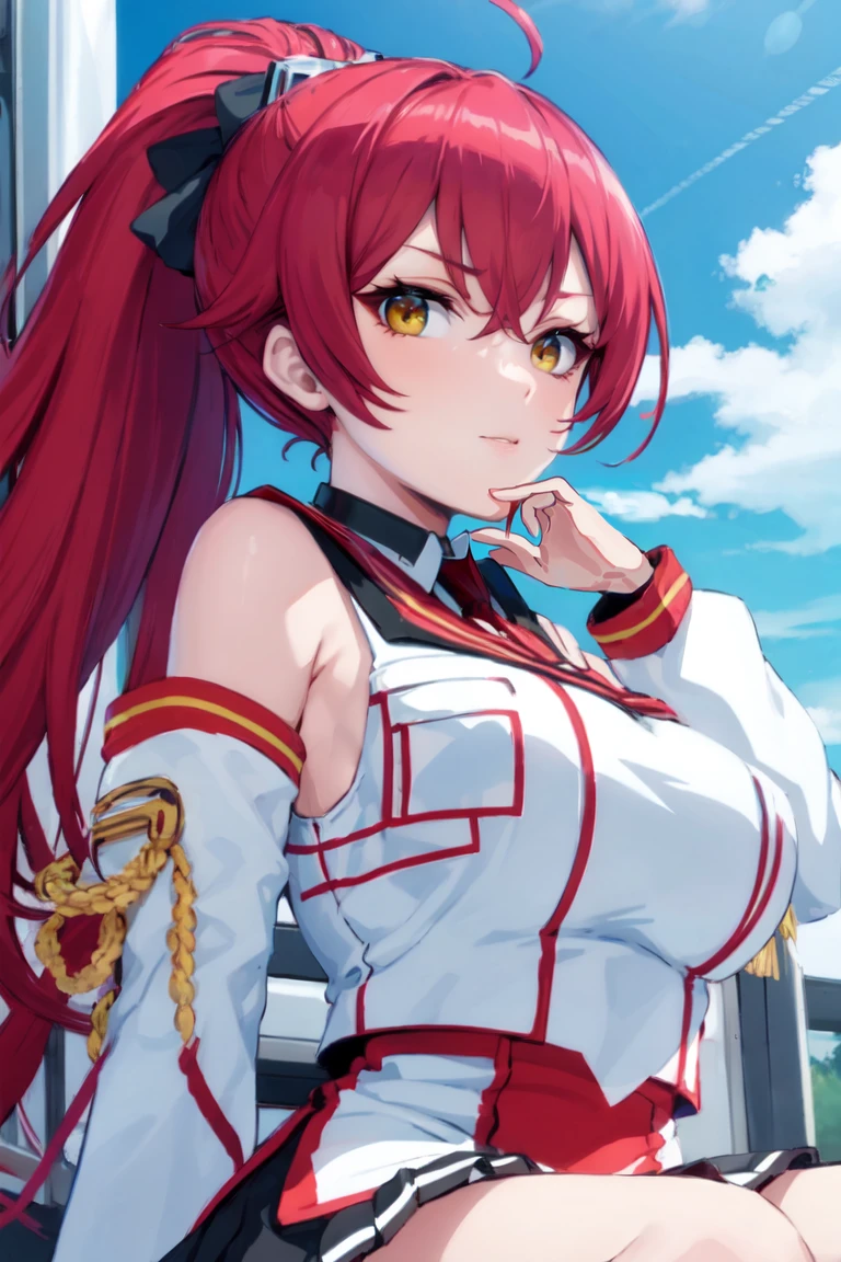 sitting,
masterpiece, best quality, high quality, highres, outdoors, day, upper body, looking at viewer, solo, focused, BREAK,
ANIME_Scarlet_Fairchild_HxH_ownwaifu,
1girl, long hair, breasts, medium breasts, yellow eyes, red hair,
skirt, long sleeves, bare shoulders, school uniform, detached sleeves, necktie, hair ornament,
<lora:ANIME_Scarlet_Fairchild_HxH_ownwaifu:1>