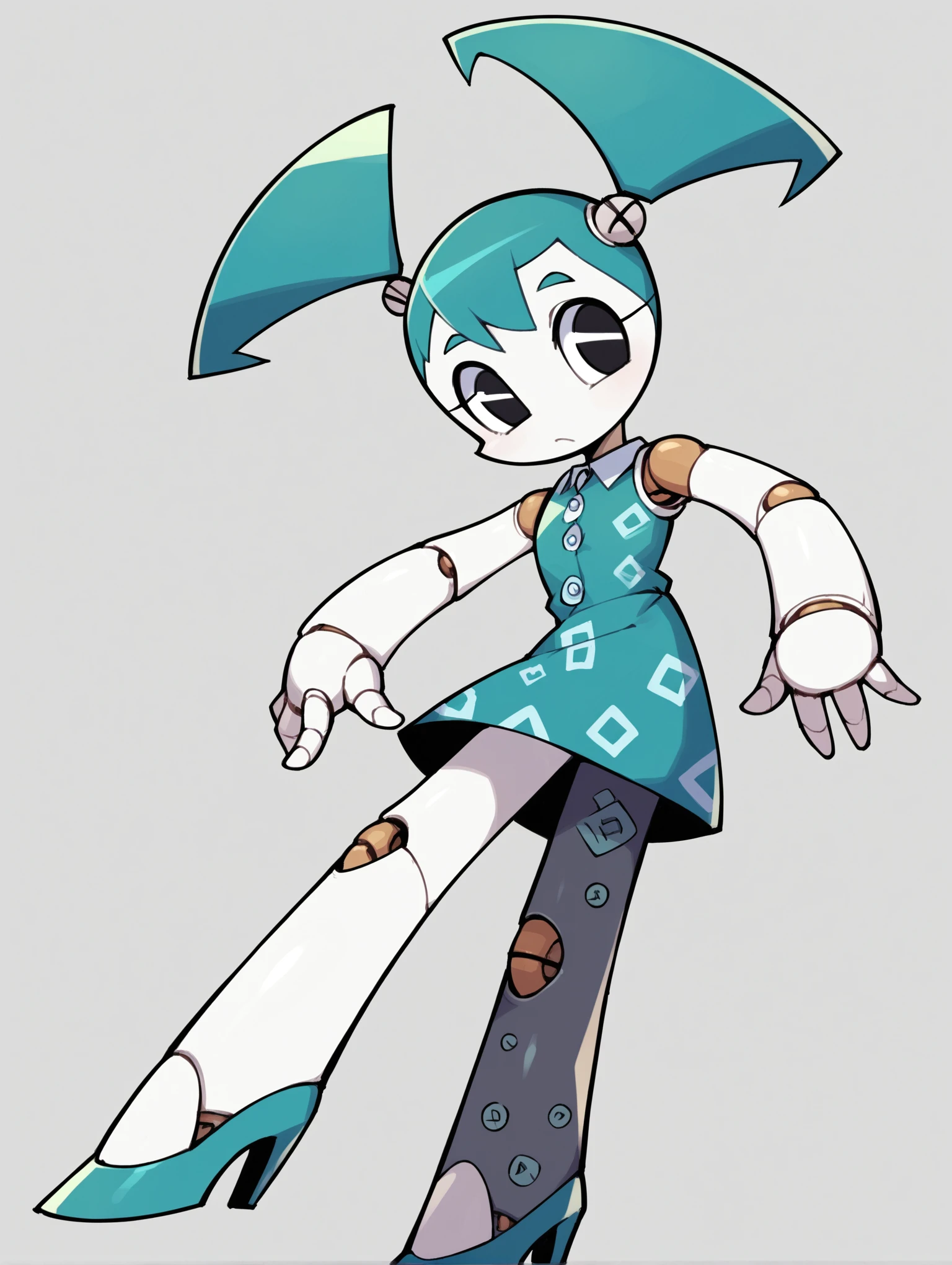 score_9, score_8_up, score_7_up, score_6_up, score_5_up, score_4_up, source_anime, BREAK
(1girl, solo:1.2), simple background, <lora:XJ-9:0.8> xj9, robot girl, robot joints, android, joints, twintails, aqua hair ,black eyes, colored skin, white skin, looking at viewer, bolt, ((button-front-midi-dress)), ((block-heeled-mules)), (((patterned-pantyhose)))