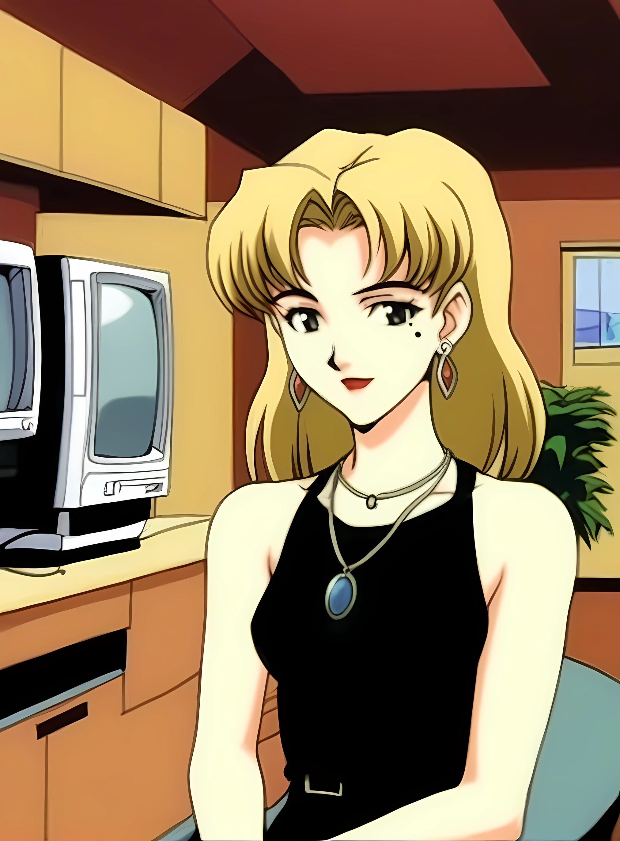 retro artstyle,1990s (style),oldest, <lora:Ritsuko:0.7> Ritsuki Akagi, 1girl,solo,short hair,blonde hair,jewelry,earrings,necklace,mole,mole under eye,black dress,indoors