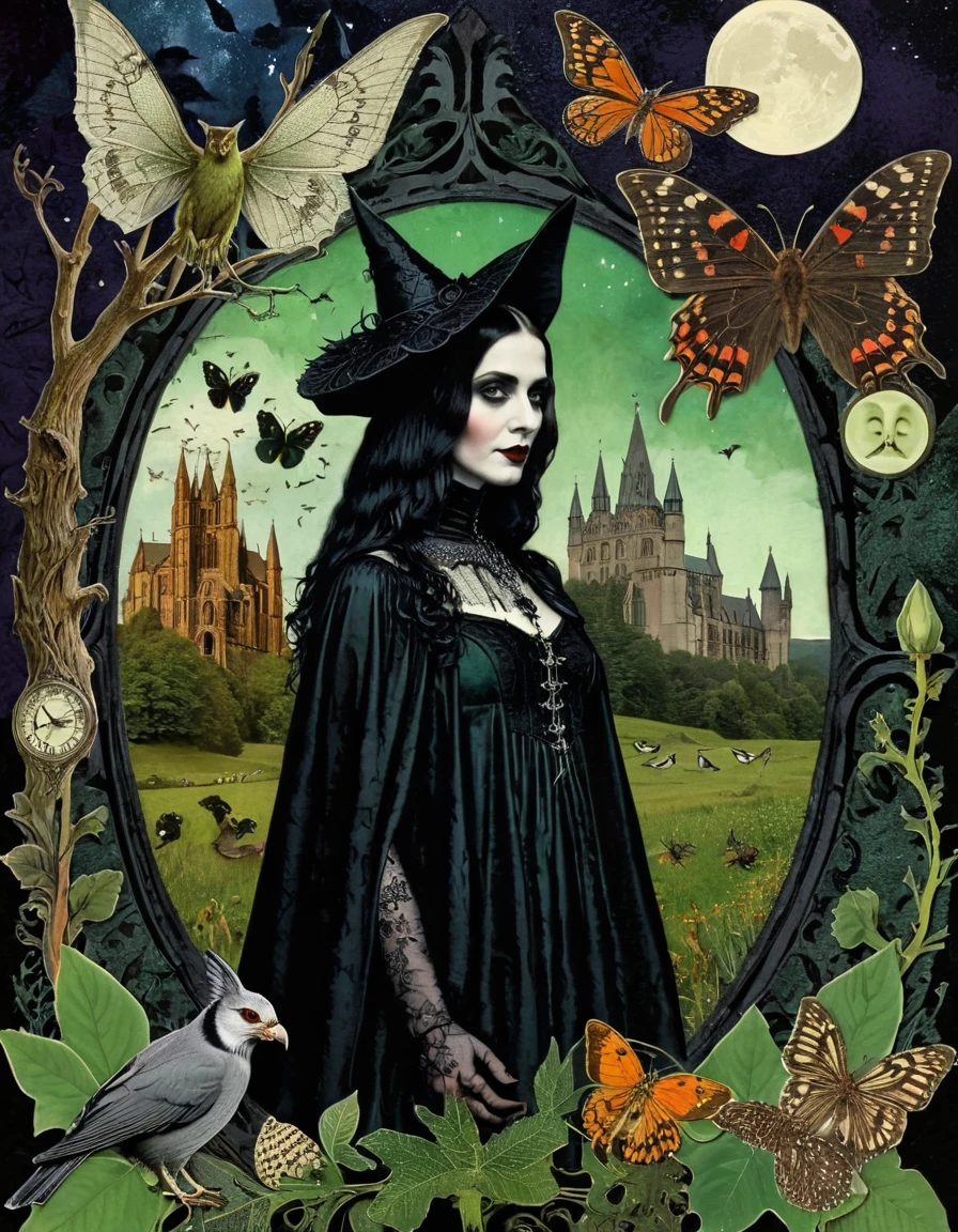 Papercut collage of <lora:lora_witchcraftstyle:1>, witchcraftstyle, a collage of images of people and animals, gothic art, digital collage, surreal collage, an ecological gothic scene, gothic background, neogothic art, collage art, collage artwork, gothic aesthetic, collage art background, photoshop collage, gothic influence . Mixed media, textured paper, overlapping, asymmetrical, abstract, vibrant