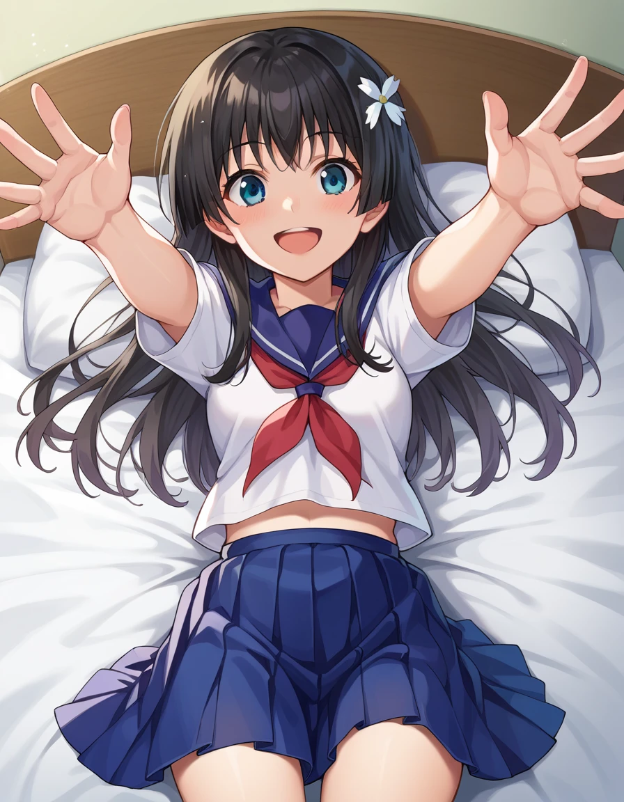 score_9, score_8_up, score_7_up, source_anime,
satenruiko, <lora:saten-ruiko-ponyxl-lora-nochekaiser:1>,
saten ruiko, black hair, blue eyes, long hair, hair ornament, flower ornament, smile,
blue skirt, pleated skirt, sakugawa school uniform, school uniform, serafuku, skirt, summer uniform,
indoors, bed, bed room, on back, arm support, arms up, incoming hug, pov, reaching, reaching towards viewer,
looking at viewer, cowboy shot, dutch angle,