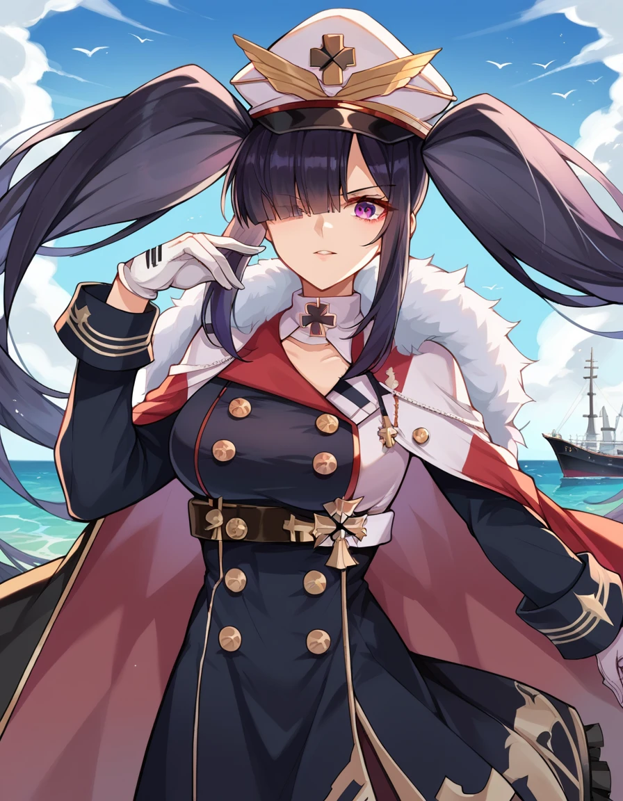 score_9, score_8_up, score_7_up, source_anime,
peterstrasser, <lora:peter-strasser-ponyxl-lora-nochekaiser:1>,
peter strasser, black hair, hair over one eye, long hair, one eye covered, purple eyes, twintails,
black coat, black ribbon, boots, buttons, cape, coat, fur trim, fur-trimmed cape, gloves, hat, high heels, military hat, peaked cap, red cape, ribbon, white gloves, white headwear,
outdoors, ocean, ship,
looking at viewer, upper body,