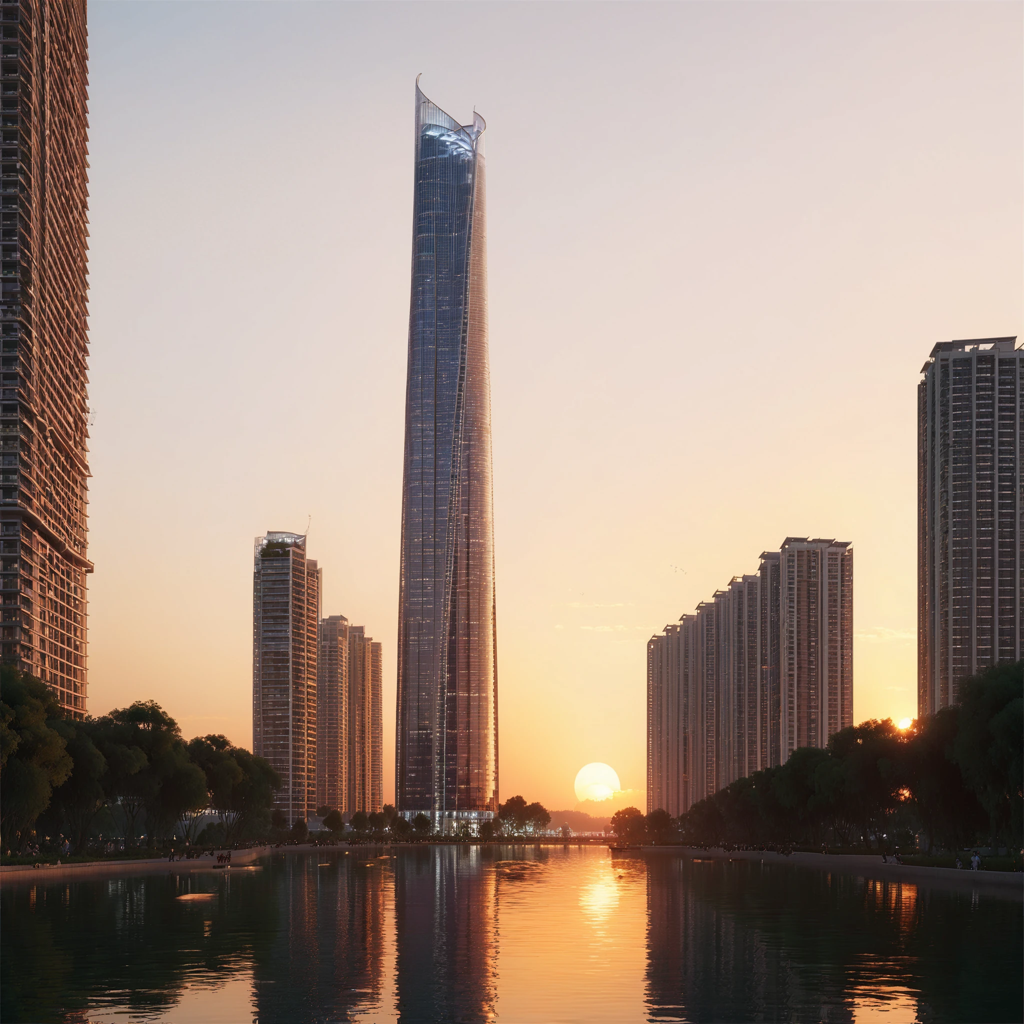 <lora:JZCGXL001-000006:0.7> jzcgxl001, Human perspectiveï¼A supertall building is located on the edge of the lake, and in the foreground is an ecologically beautiful park,sunsetï¼ day, hyperrealistic artï¼professional, 4k, highly detailed  ï¼masterpiece