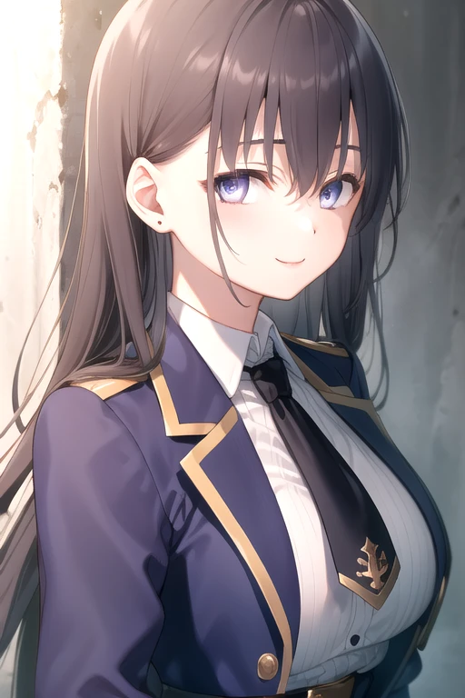((masterpiece)),(best quality),official art,extremely detailed CG,unity 8k wallpaper,ultra detailed,beautiful detailed eyes,extremely detailed face,outdoors,1girl,solo,upper body,(portrait:1.5),looking at viewer,facing viewer,smile,elfine phillet,very long hair,black hair,braid,hair ornament,hair bobbles,sidelocks,hair between eyes,purple eyes,excalibur academy uniform,jewelry,blue jacket,(open jacket),wing collar,black necktie,white shirt,collared shirt,dress shirt,long sleeves,large breasts,belt buckle,blue high-waist skirt,double-breasted,black pantyhose,black footwear,<lora:Elfine Phillet-v1(tdsmoea)>,