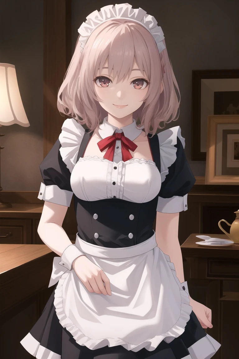 masterpiece, best quality, CG, wallpaper, HDR, high quality, high-definition, extremely detailed, rinnernd, maid, looking at viewer, smile
