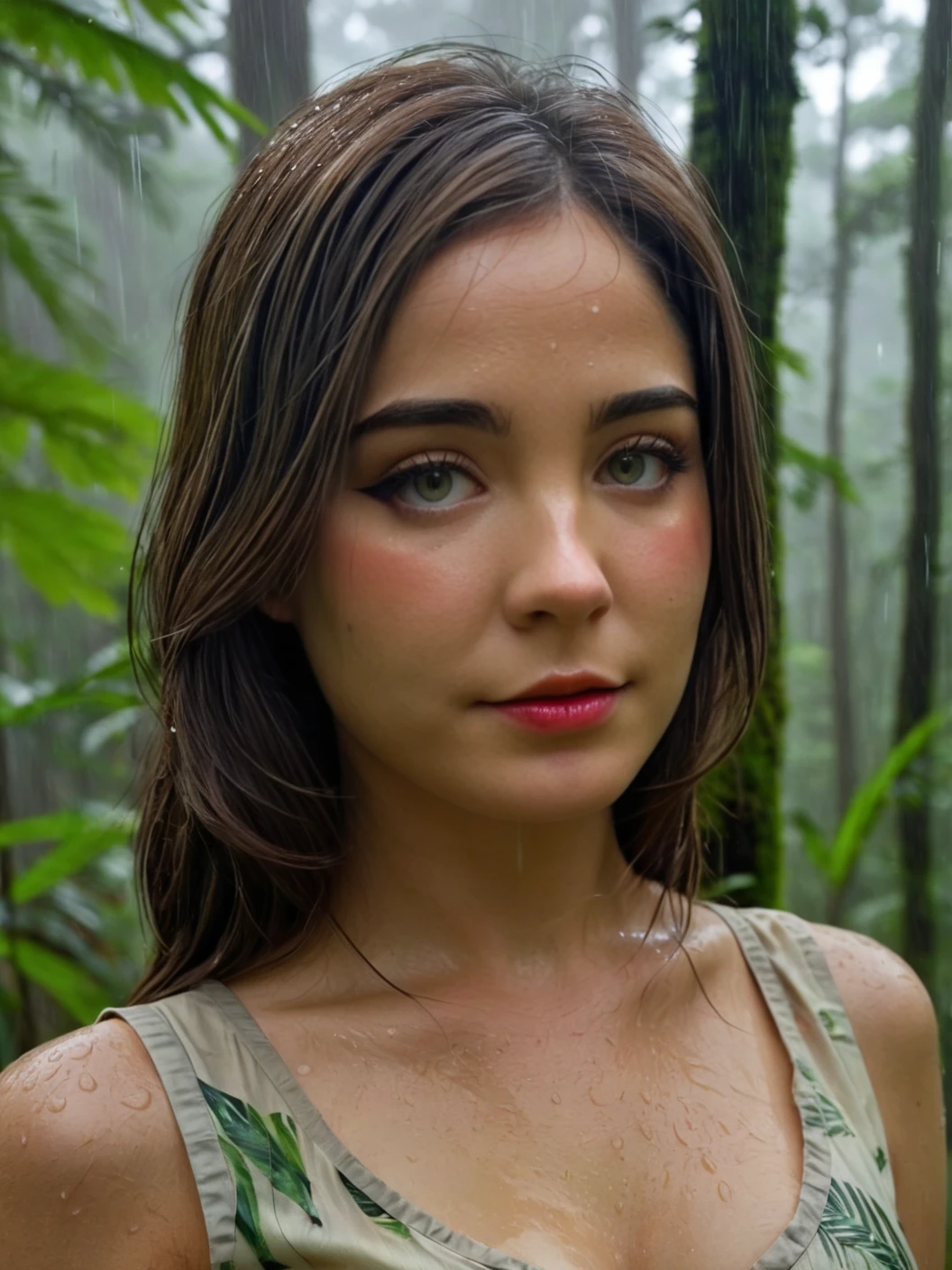 a beautiful picture of st4ryuukiXL, <lora:st4ryuukiXL:1> detailed skin texture,masterpiece, photorealistic, woman, 4k, light, RAW color photo,(fully in frame:1.1), (goosebumps:0.5),brunette, detailed face,wearing a blouse,rain forest,subtle smile,foggy,moody