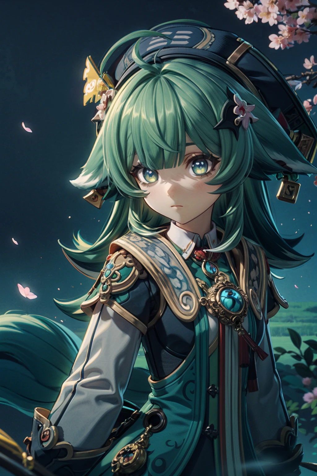 2d:1.2), wide shot, (dynamic angle:1.1), outline, ((thick lineart)), cover, stylish, official art, (details:1.2), (fantasy), garden, (bloom:1.1), glow:0.2, shadow, nature, cherry blossoms, particles, (depth of field), sharp focus, (volumetric lighting), (bokeh:0.6), film grain:0.4, (soft lighting:1.1), hohoo, long hair, green hair, hair ornament, animal ears, green eyes, black headwear, long sleeves, jewelry, beret, ahoge, looking at viewer<lora:hohoHSR_01_01:1>