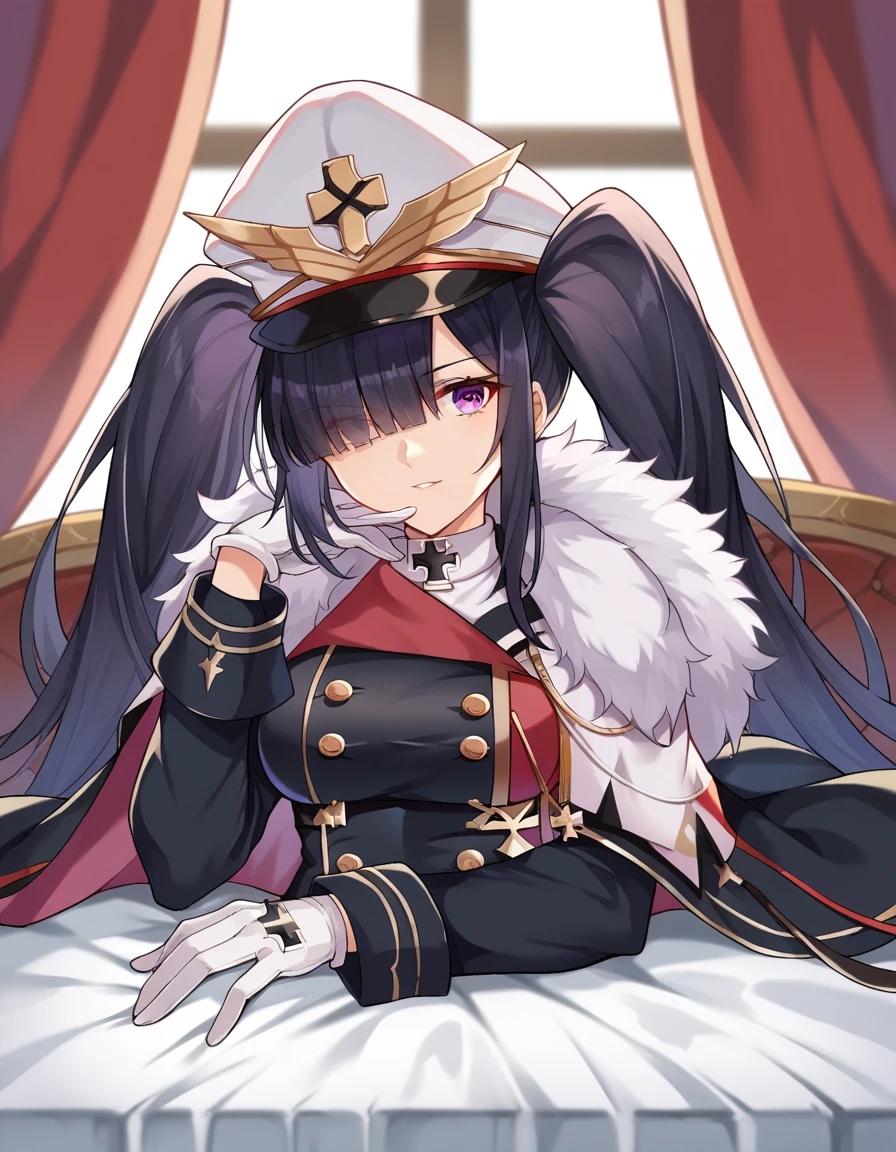 score_9, score_8_up, score_7_up, source_anime,
peterstrasser, <lora:peter-strasser-ponyxl-lora-nochekaiser:1>,
peter strasser, black hair, hair over one eye, long hair, one eye covered, purple eyes, twintails,
black coat, black ribbon, boots, buttons, cape, coat, fur trim, fur-trimmed cape, gloves, hat, high heels, military hat, peaked cap, red cape, ribbon, white gloves, white headwear,
indoors, bed, bed room, on side,
looking at viewer, upper body,