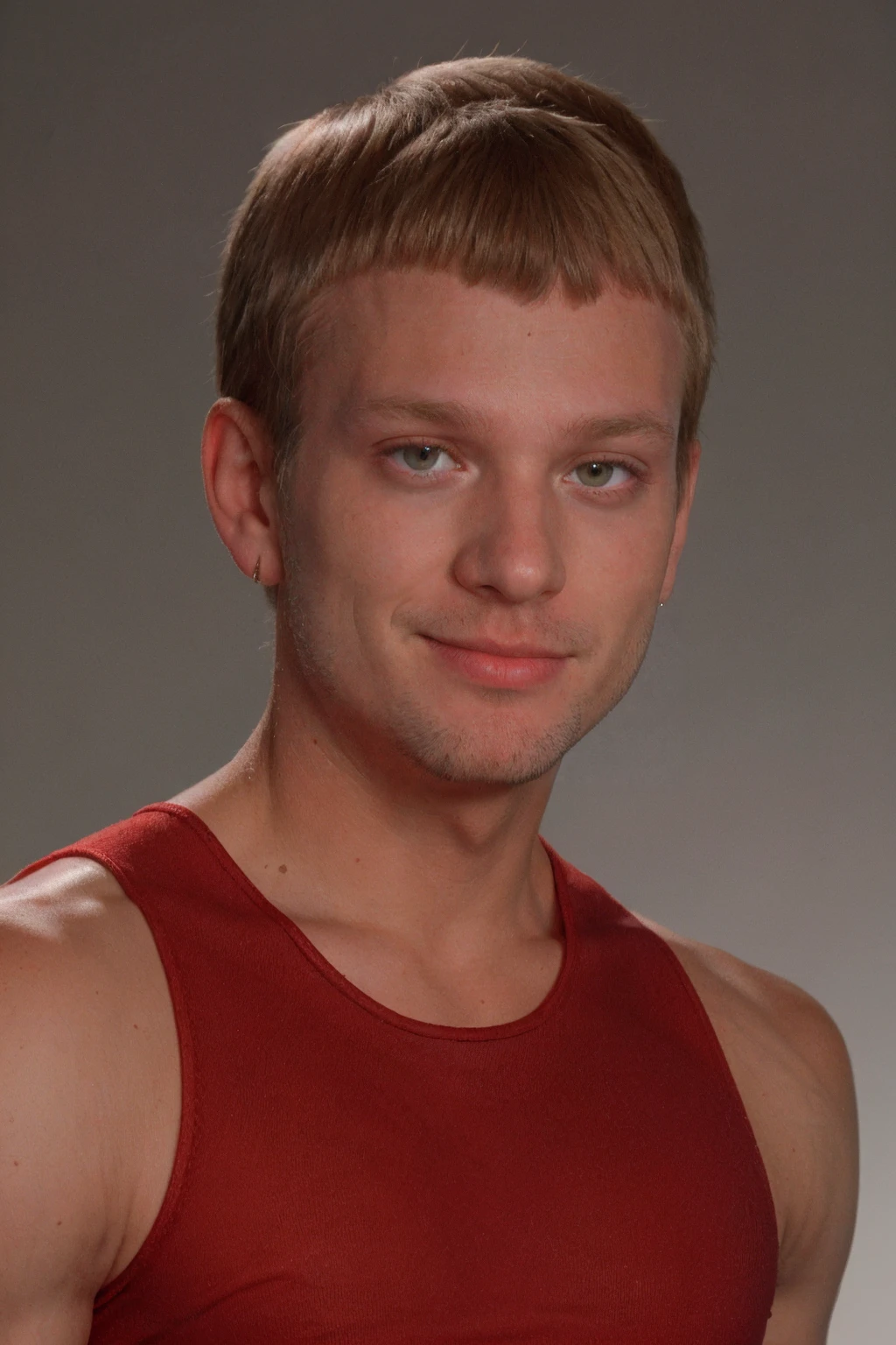 closeup headshot photo of jmh wearing (red) tank top <lora:jmh_epoch_8:1>, white blank background, (smirk:0.5)