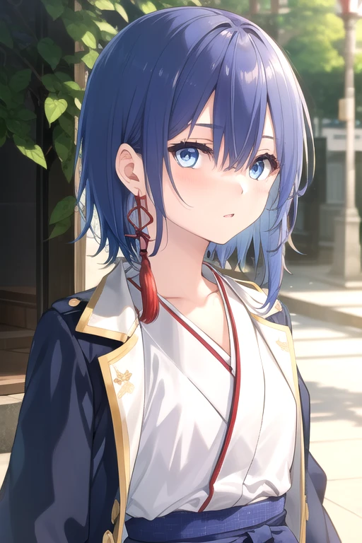 ((masterpiece)),(best quality),official art,extremely detailed CG,unity 8k wallpaper,ultra detailed,beautiful detailed eyes,extremely detailed face,outdoors,1girl,solo,upper body,(portrait:1.5),looking at viewer,facing viewer,sakuya sieglinde,short hair,blue hair,tassel earrings,hair between eyes,blue eyes,hair over one eye,collarbone,Japanese clothes,blue coat,draped coat,coat hook on shoulders,jewelry,long sleeves,small breasts,white kimono,wide sleeves,white belt,high-waist skirt,long skirt,blue skirt,black footwear,<lora:Sakuya Sieglinde-v1(tdsmoea):0.8>,