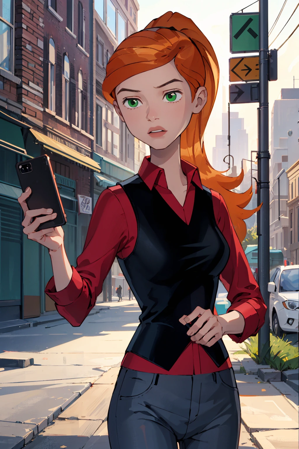 1girl,solo,selfie,ponytail,orange hair,green eyes,lips,red shirt, long sleeves,black vest, pants