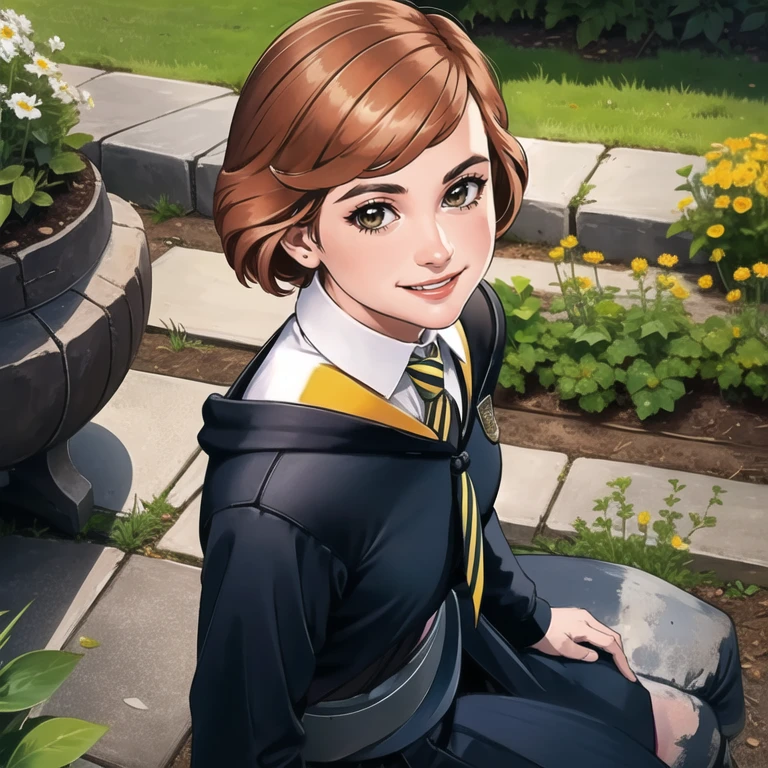 (best quality, ultra detailed), (detailed background:1.2), (perfect face, detailed face), from above, looking at viewer, (mature female:1.4), smile, janecourt, 1girl, solo, orange hair, blonde hair, brown eyes, hogwarts school uniform, black skirt, white shirt, collared shirt, medium breasts, yellow necktie, striped necktie, black pantyhose, thighs, (garden, outdoors, sitting:1.2), <lora:JaneCourt_v1:0.76>