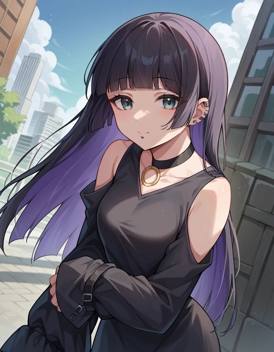 score_9, score_8_up, score_7_up, source_anime,
pasan, <lora:pa-san-ponyxl-lora-nochekaiser:1>,
pasan, black hair, blunt bangs, blunt ends, chin piercing, colored inner hair, ear piercing, grey eyes, hime cut, long hair, medium bangs, multicolored hair, piercing, purple hair, mature female,
bare shoulders, black choker, black dress, black sleeves, choker, clothing cutout, detached sleeves, dress, gothic, shoulder cutout, sleeves past fingers, sleeves past wrists, very long sleeves,
outdoors, cityscape, bent over,
looking at viewer, cowboy shot, dutch angle,