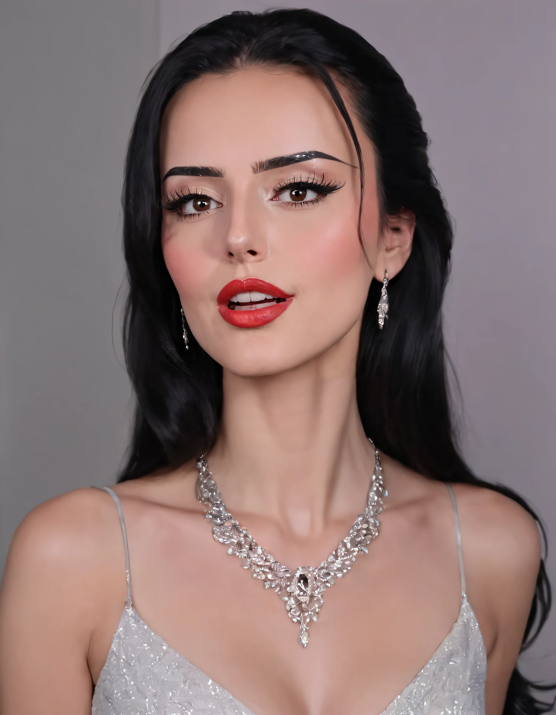 full body shot of a beautiful woman. Capturing the essence of this scene, we see Di1araa, a stunning woman with long cascading black hair and striking brown eyes, gracefully applying her makeup while wearing an intricate necklace and red lipstick, accentuating her naturally full lips and perfectly framing her flawless skin. As she closes her eyes for a moment of serenity, the light gently caresses her features, emphasizing the delicate contours of her face and capturing every detail of her beauty in this breathtaking moment. Di1araa.s <lora:psuwzo18e06a7f3f6s669:1>