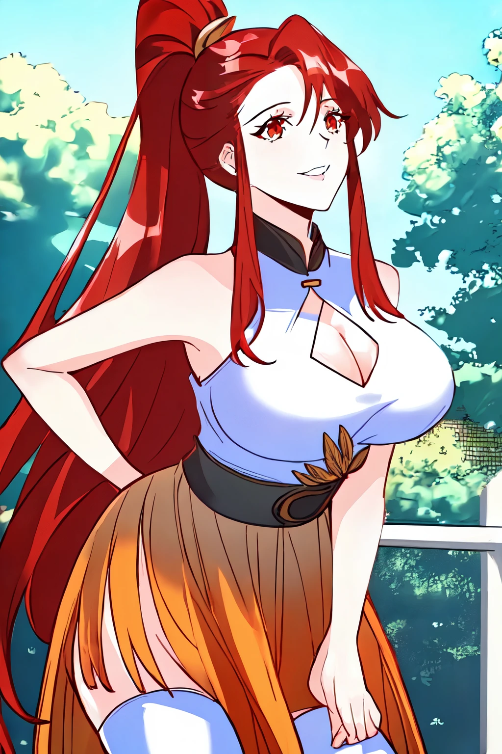 beautiful eyes, beautiful girl, high detail skin, high detail eyes, high detail hair, highres, ultra detailed, sharpen picture, Highly detailed, masterpiece, best quality, photorealistic,
<lora:Hou FengLoRA:1>1girl, very long hair, ponytail, white top, sleeveless, feathers, cleavage cutout, belt, skirt, thighhighs, smile, in a park, trees, blue sky, red eyes, sexy pose