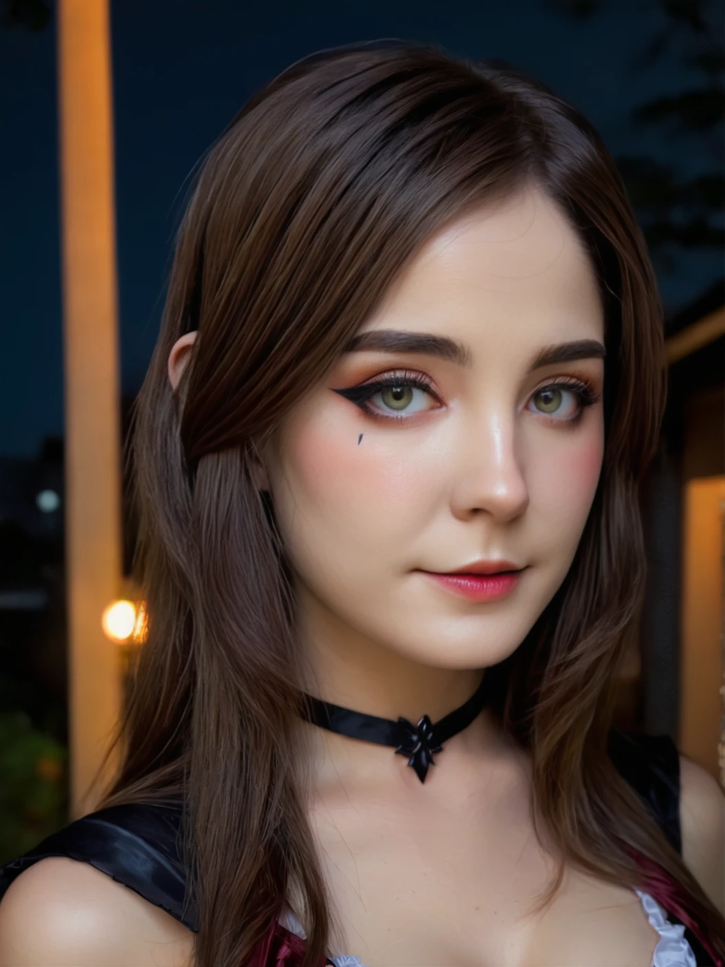 a beautiful picture of st4ryuukiXL, <lora:st4ryuukiXL:1> detailed skin texture,masterpiece, photorealistic, woman, 4k, light, RAW color photo,(fully in frame:1.1), (goosebumps:0.5),brunette, detailed face,wearing a cosplay,halloween,dark night,subtle smile