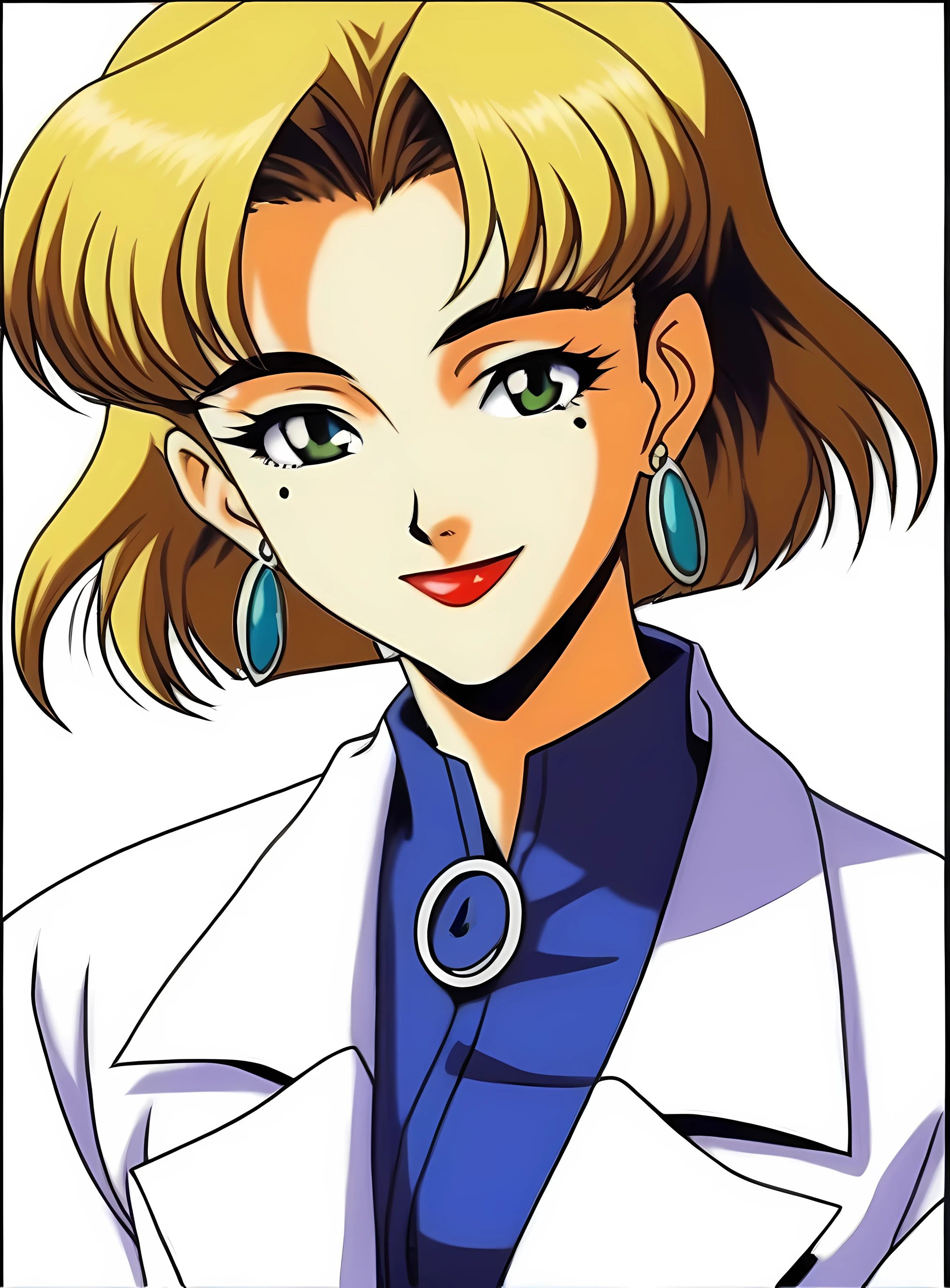 retro artstyle,1990s (style),oldest, <lora:Ritsuko:0.7>Ritsuki Akagi, 1girl,solo,smile,short hair,blonde hair,simple background,white background,jewelry,green eyes,earrings,mole,mole under eye,makeup,lipstick,labcoat