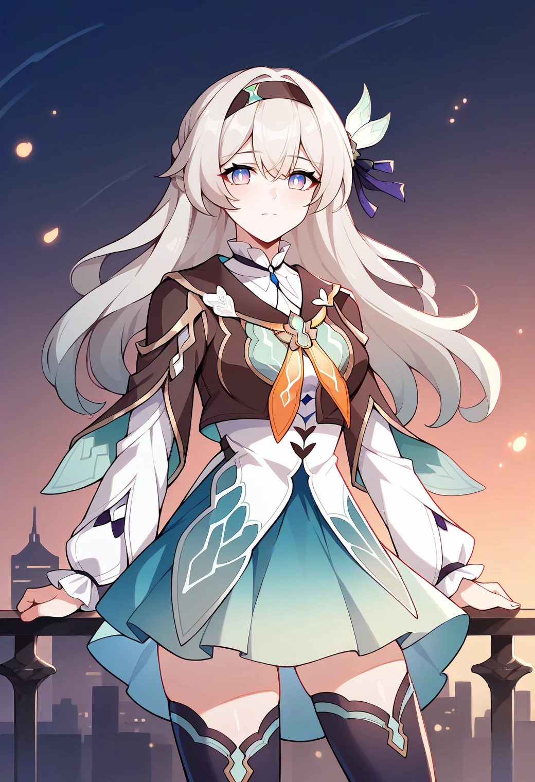 score_9,score_8_up,score_7_up,score_6_up,score_5_up,score_4_up,
1girl, firefly \(honkai: star rail\), honkai \(series\), hairband, hair ornament, dress, skirt, detached sleeves, cropped jacket, thighhighs, medium breasts, :t,
cowboy shot, outdoors, city, solo, looking at viewer, straight-on, standing,
<lora:fireflyponyxl1:1>