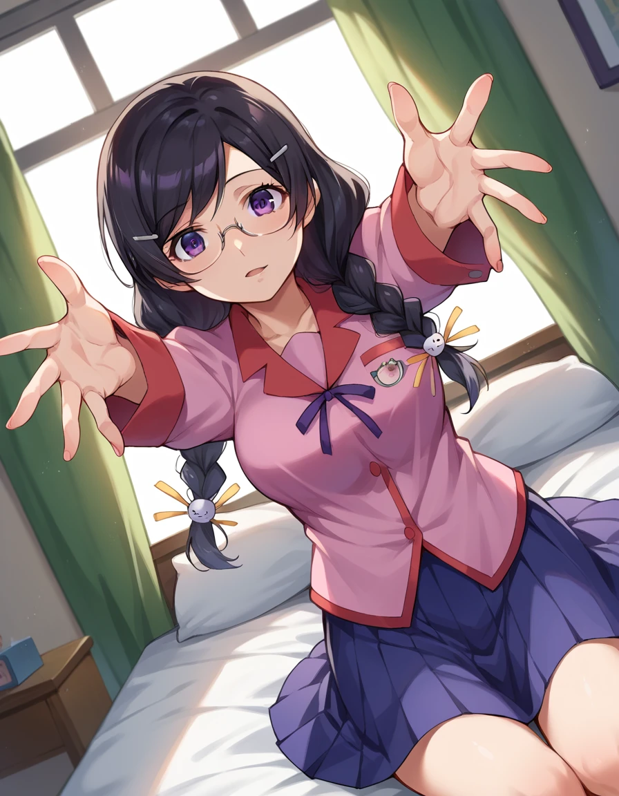 score_9, score_8_up, score_7_up, source_anime,
tsubasahanekawa, <lora:tsubasa-hanekawa-ponyxl-lora-nochekaiser:1>,
hanekawa tsubasa, long hair, black hair, hair ornament, purple eyes, braid, hairclip, twin braids, glasses, mature female,
skirt, school uniform, naoetsu high school uniform,
indoors, bed, bed room, on back, arm support, arms up, incoming hug, pov, reaching, reaching towards viewer,
looking at viewer, cowboy shot, dutch angle,