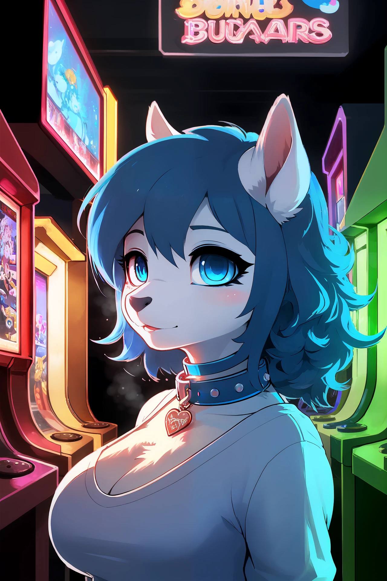 Fancy Clothes, (A beautiful female furry pony), (blue collar:1.2), (detailed face, detailed eyes, beautiful blue eyes:1.2), aroused, breath, standing, short curly blue hair, huge breasts, arcade, evening
soft lighting, anime style, subsurface scattering, best quality, highly detailed
<lora:add_detail:-1>