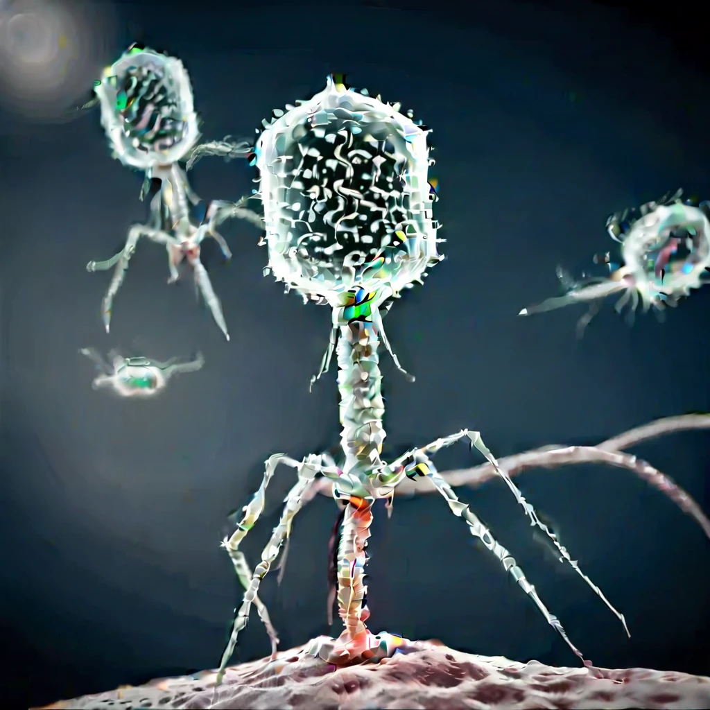 <lora:Phage_XL-000014:1> phage, grayscale, attacking bacteria