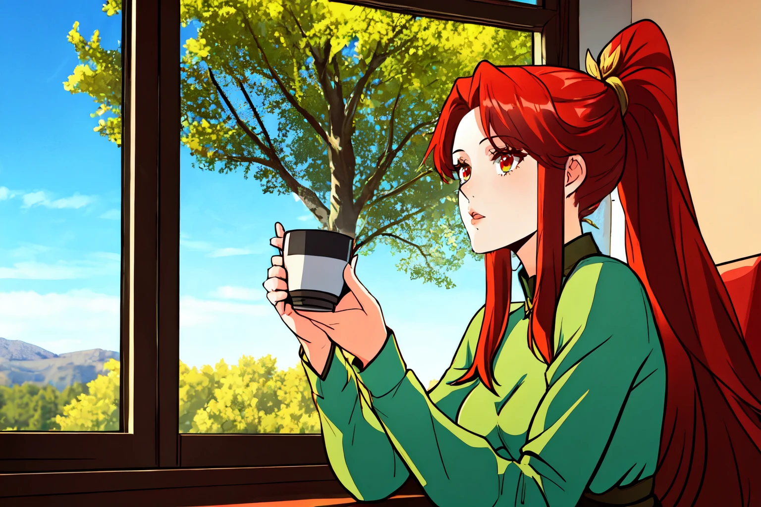 beautiful eyes, beautiful girl, high detail skin, high detail eyes, high detail hair, highres, ultra detailed, sharpen picture, Highly detailed, masterpiece, best quality, photorealistic,
 <lora:Hou FengLoRA:0.8>1girl, very long hair, ponytail, green dress, feathers, belt, long sleeves, window ,trees, blue sky, red eyes, sitting in a cafe holding a cup of tea, indoors