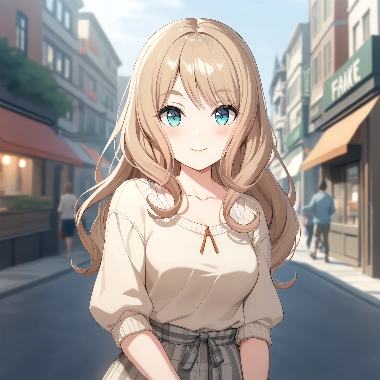 [high quality, best quality], [cinematic], 1girl, solo, fran \(idoly pride\), casual, looking at viewer, smile, blush, street, city, [bloom, hdr], <lora:IIIX:0.72>