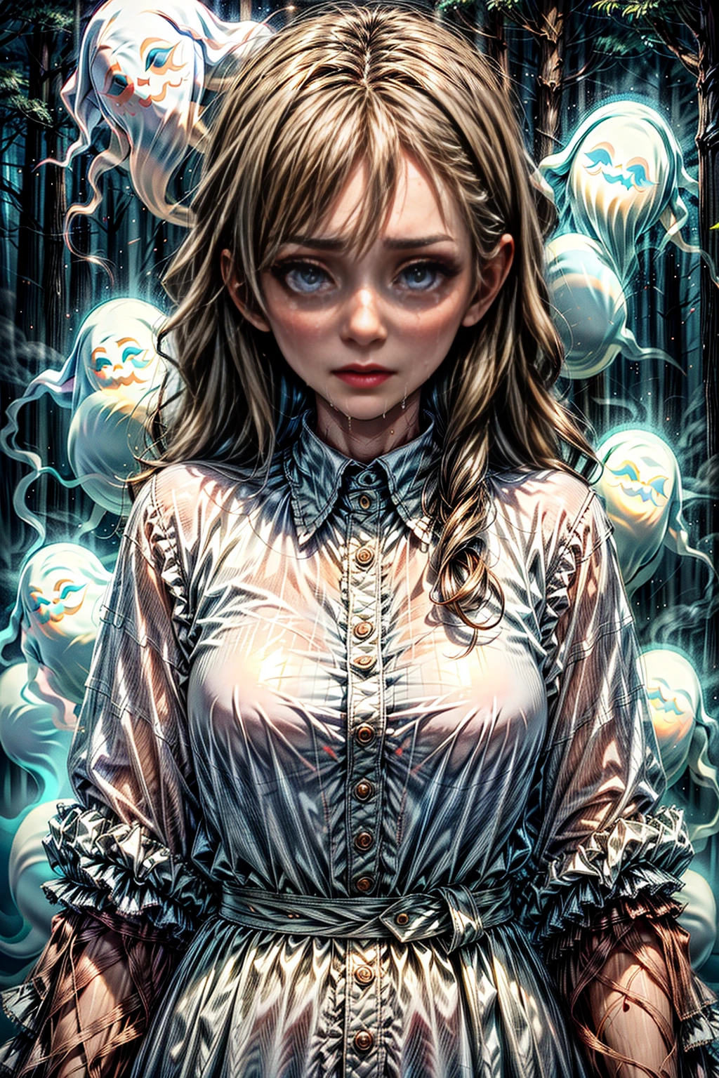 <lora:GhostWorld:1.0> GhostWorld 1woman (scared and crying:1.3) (dress:1.2) in an dark forest <lora:more_details:1> (sweat:1.2)