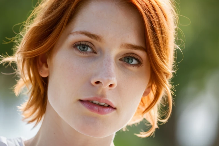 a portrait photo of a woman, translucent skin, detailed skin, pale skin, looking at viewer, close-up, Red hair, hurt expression, 4k high quality, sharp focus, high resolution, depth of field, outdoors, natural light, blurry