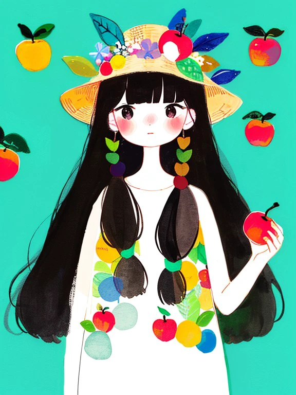 masterpiece, high quality,a cute girl, black long hair, pick apples <lora:J_drawing-000018:0.8> j_drawing