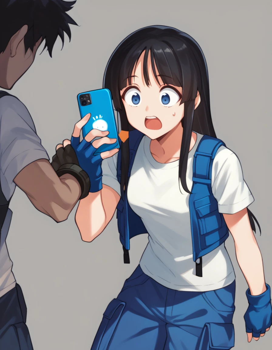 <lora:aoba-ponyxl-000020:1> tsuzaki, black hair,
cropped vest, white shirt, t-shirt, short sleeves, cargo pants, blue pants, fingerless gloves,
1girl, talking on phone, holding phone, surprised, wide-eyed, distress, score_9, score_8_up, score_7_up, score_6_up, score_5_up, score_4_up