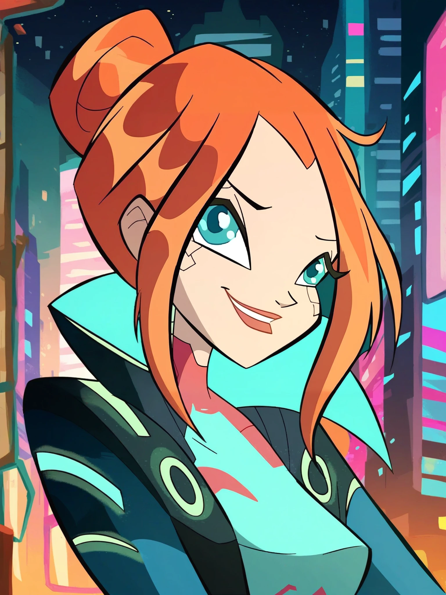 <lora:Bloom:0.7> bl_oom, 1girl, ginger hair, blue eyes, cyberpunk girl, cyberpunk outfit, night city,, score_9, score_8_up, score_7_up,
