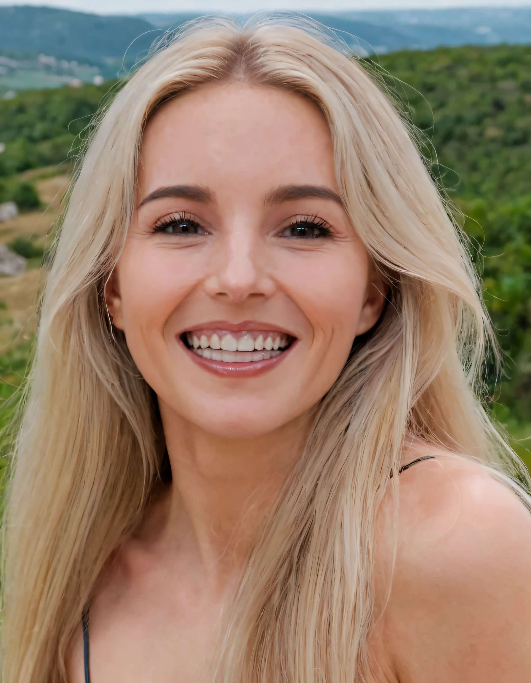 A beautiful woman with long blonde hair, her full body captured in a spontaneous pose amidst the captivating landscape, effortlessly flaunts a charming gaze through parted lips and parted eyes as she smiles showcasing perfect teeth while capturing the essence of CSJackie, the confident, graceful, and alluring 1girl. <lora:zrjoxh18e690ef4c2je1:1>