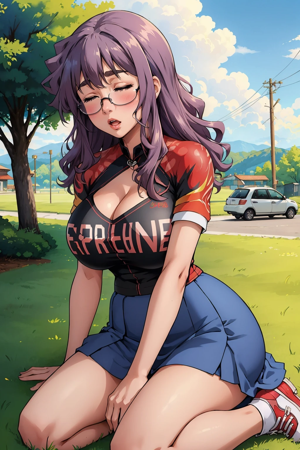 masterpiece, best quality, 1girl, <lora:ichinoseyayoi-nvwls-v1-000009:0.9> ichinoseyayoi, glasses, closed eyes, red and black shirt, short sleeves, clothes writing, blue skirt, shorts under skirt, large breasts, cleavage, sitting, on ground, sneakers, :o, blush
