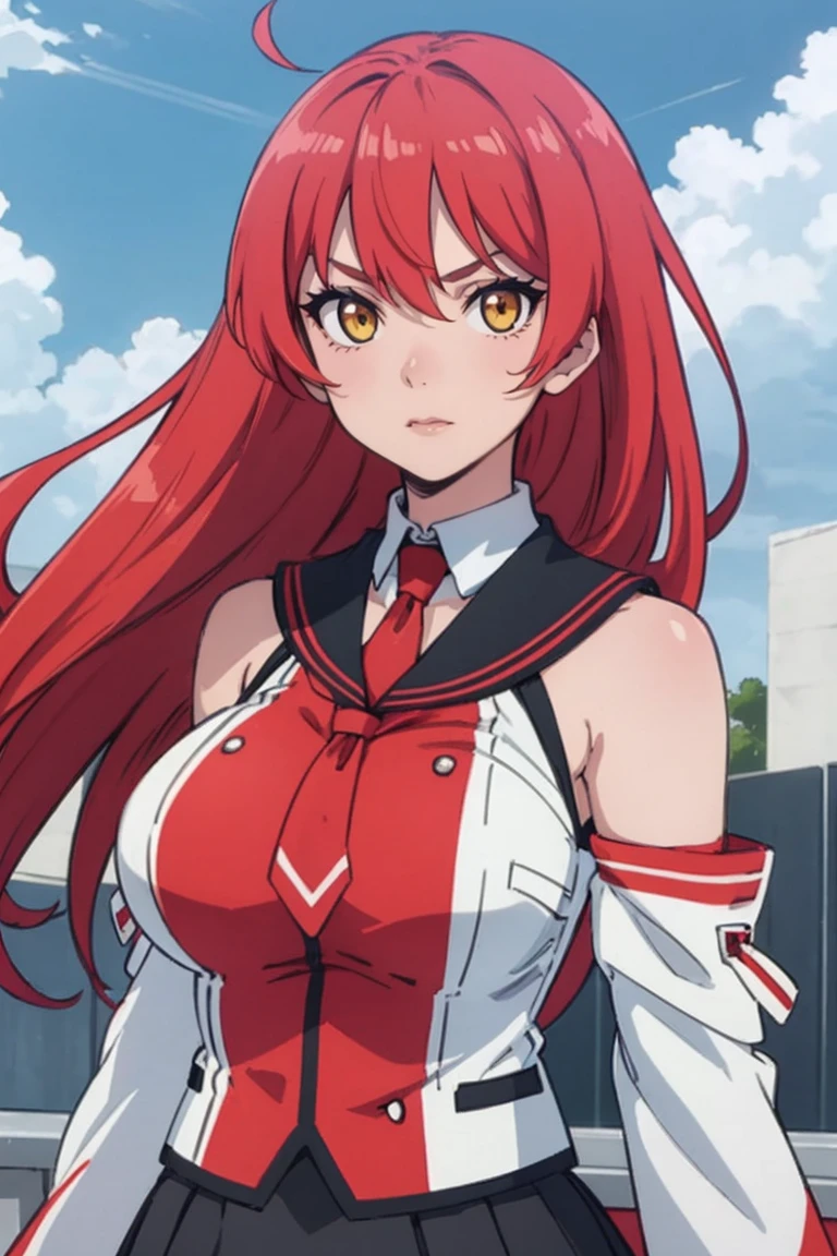 masterpiece, best quality, high quality, highres, outdoors, day, upper body, looking at viewer, solo, focused, BREAK,
ANIME_Scarlet_Fairchild_HxH_ownwaifu, 1girl, long hair, breasts, skirt, large breasts, long sleeves, bare shoulders, school uniform, yellow eyes, red hair, detached sleeves, necktie,
<lora:ANIME_Scarlet_Fairchild_HxH_ownwaifu:0.8>