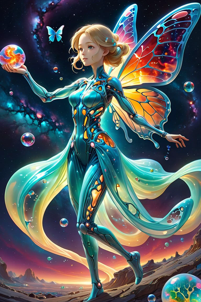 score_9, score_8_up, score_7_up, score_6_up, score_5_up, bioluminescent,Vibrant, erosion-patterned galaxy aesthetics, glass-like transparent body revealing intricate titanium bone structure, vivid bioluminescent blood vessels, effervescent internal bubbles, tornado-like swirls, chaotic nebula-inspired light sources, swirling cosmic colors, elegant dress, butterfly wings, female figure, fluttering butterflies.(setting sun:1.05)