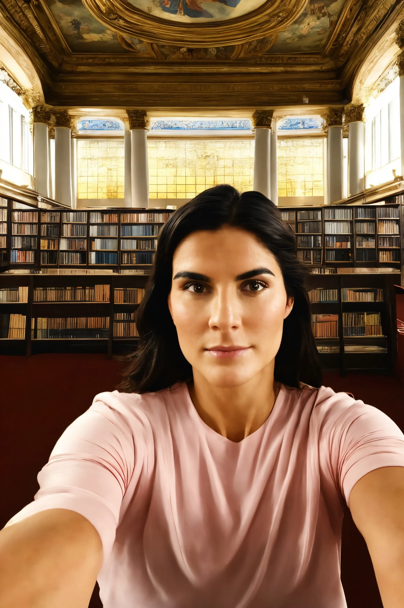 woman 20 years young, European,
([Angie( :0)Harmon|jenya d|p!nk]:0.9) closeup,
selfie, <lora:dynamic_shot_49_selfie:0.85>
(Historic library and reading rooms at background:0.9),
highres, high quality, high resolution, hd, 4k, masterpiece, realistic,