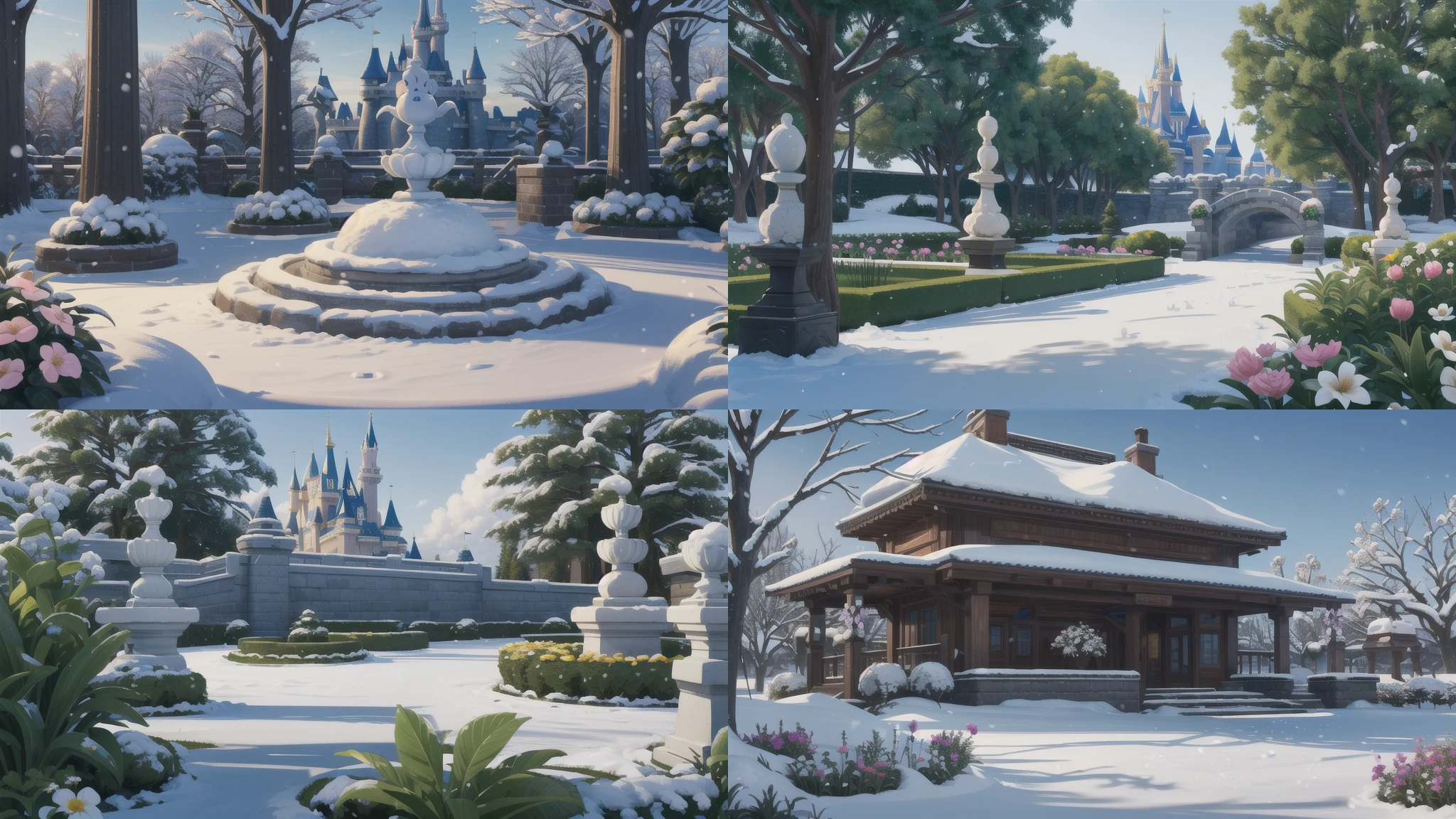 (3D, Disney), masterpiece, best quality, high quality, beautiful garden with detailed flowers in nice snow day