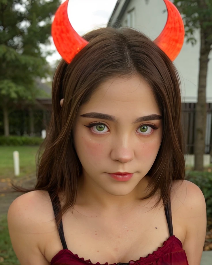 a picture of st4ryuuki15, woman , brunette, realistic, photorealistic, detailed skin, surface scattering, bokeh, skin pores, wearing devil horn,halloween,wearing a red top,detailed face, detailed eyes,green eyes <lora:st4ryuuki15:1>