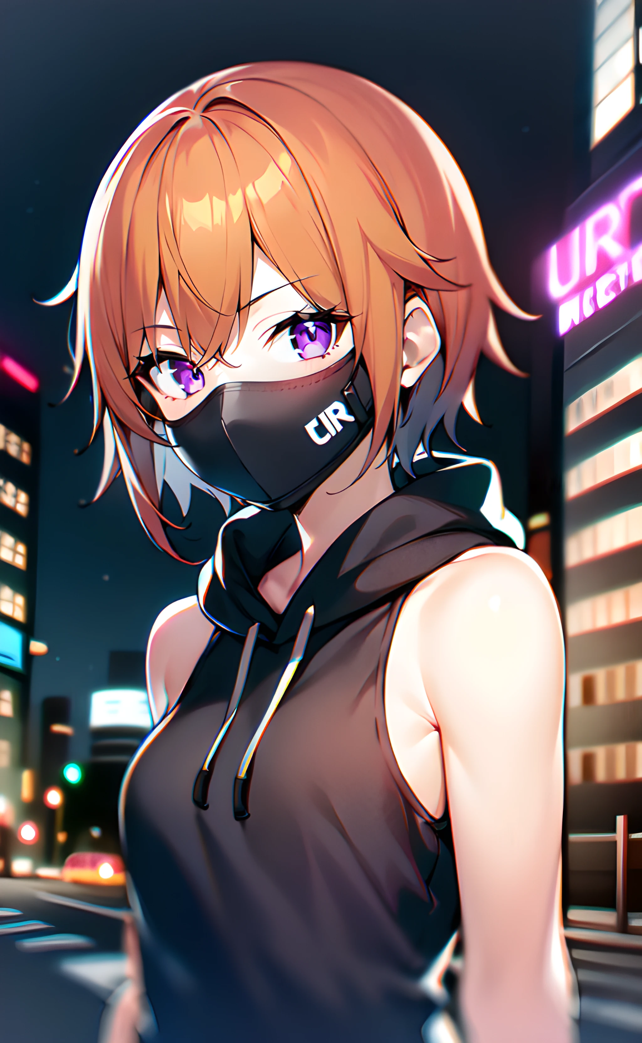 1girl, upper body, standing, short hair, orange hair, purple eyes, black mask, mouth mask, black hoodie, sleeveless hoodie, bare shoulders, bare arms, outdoors, city, street, night, neon lights